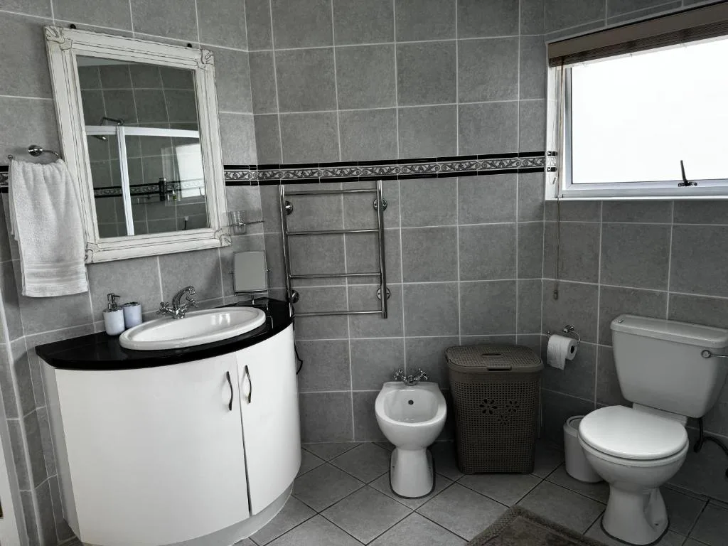 Modern bathroom with curved vanity, mirror, bidet, and toilet fixtures