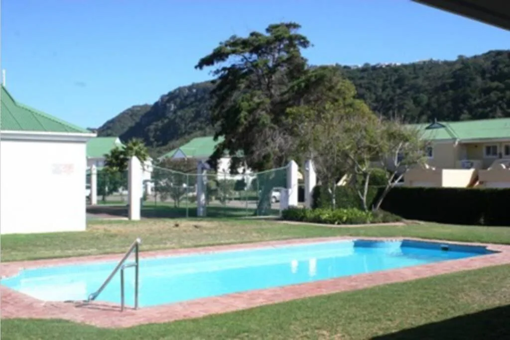 Rectangular swimming pool with mountain backdrop and manicured garden grounds