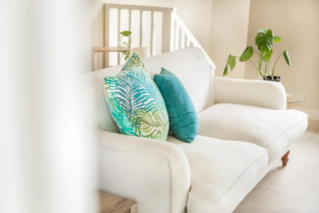 Cream upholstered armchair with turquoise patterned cushions and potted plant