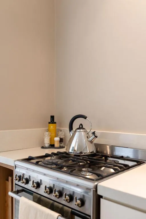 Stainless steel gas stove with kettle and kitchen countertop accessories