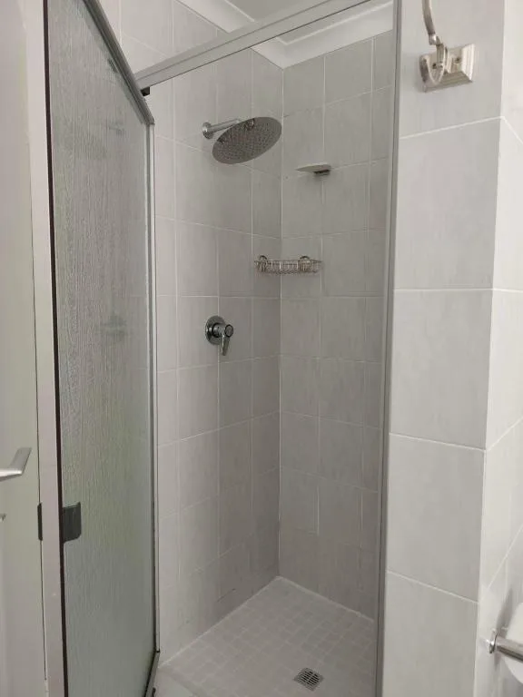 Modern walk-in shower with rainfall showerhead and glass enclosure doors