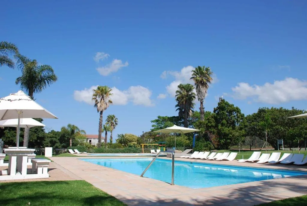 Sparkling swimming pool with loungers, umbrellas, and lush gardens under blue sky