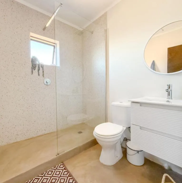Modern bathroom with walk-in shower, toilet, and white vanity sink