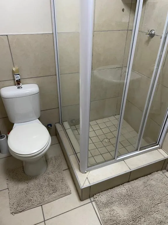 Modern bathroom with toilet, enclosed glass shower cubicle, and tiled flooring