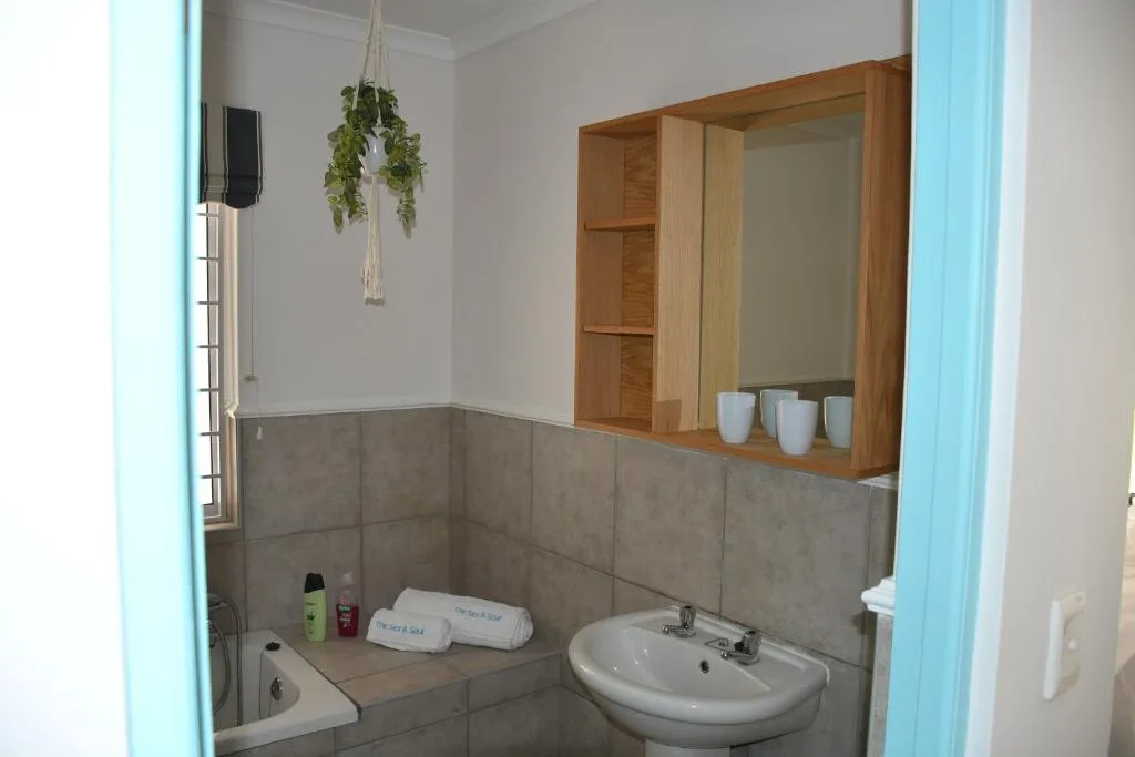 Bathroom vanity with round sink, mirror, and decorative hanging plant