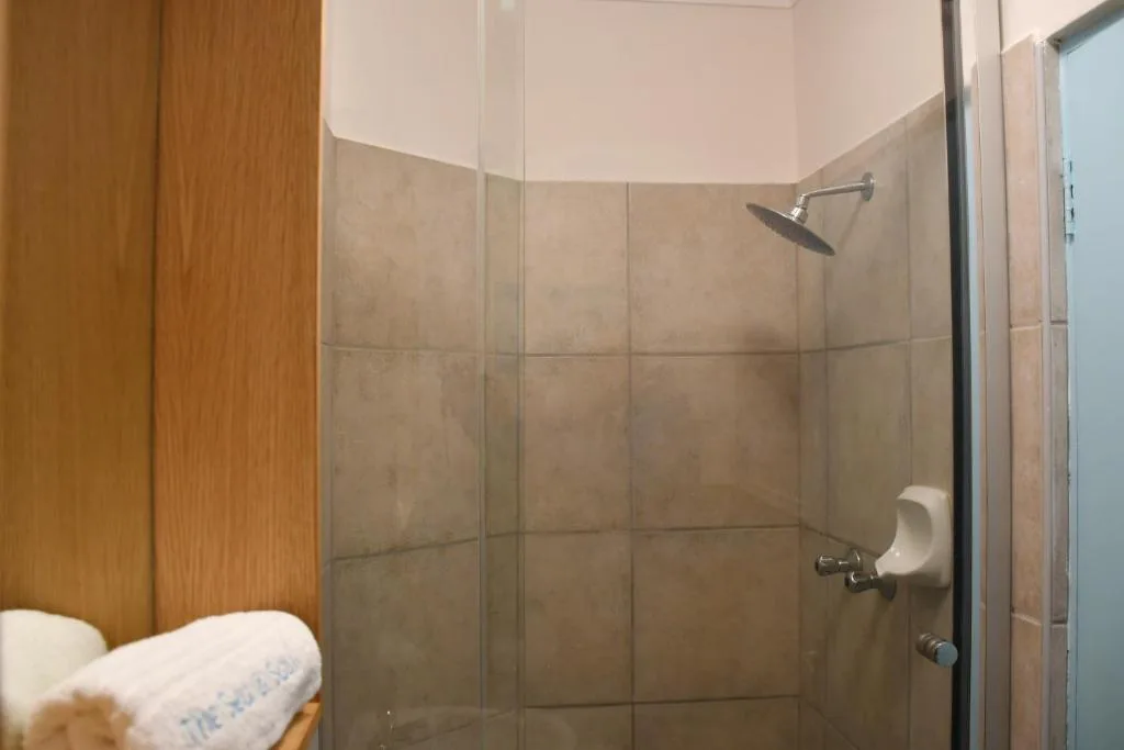 Modern shower enclosure with tiled walls and rainfall showerhead