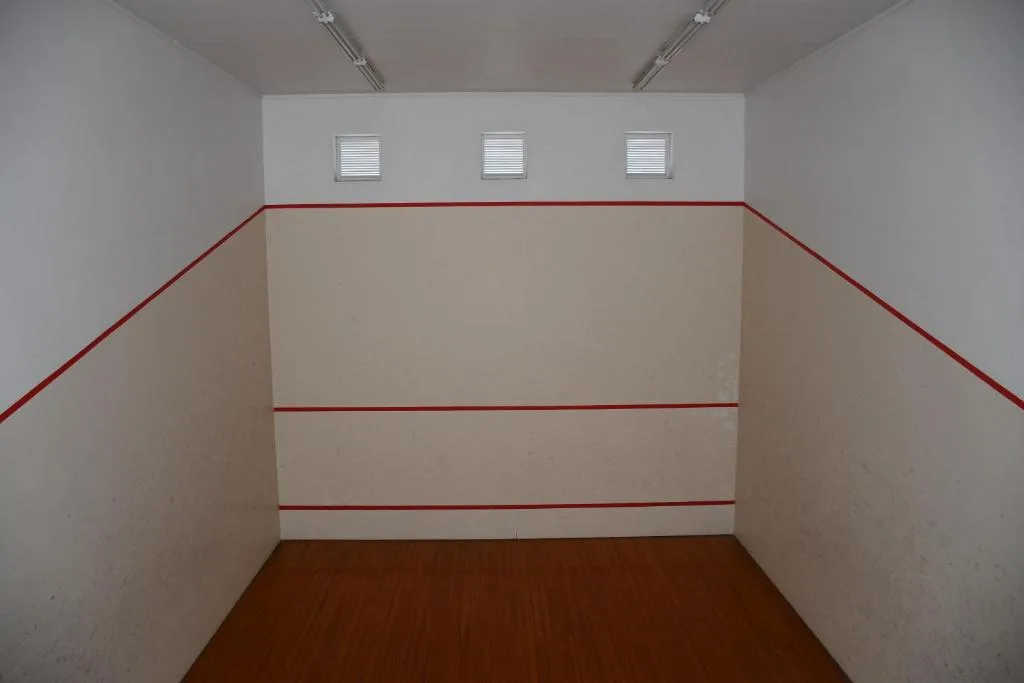 Empty interior room with angled ceiling and red trim accents