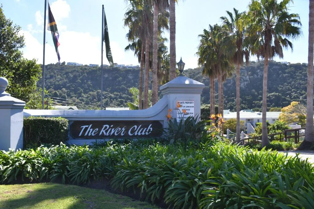 The River Club entrance sign with palm trees and forested hillside beyond