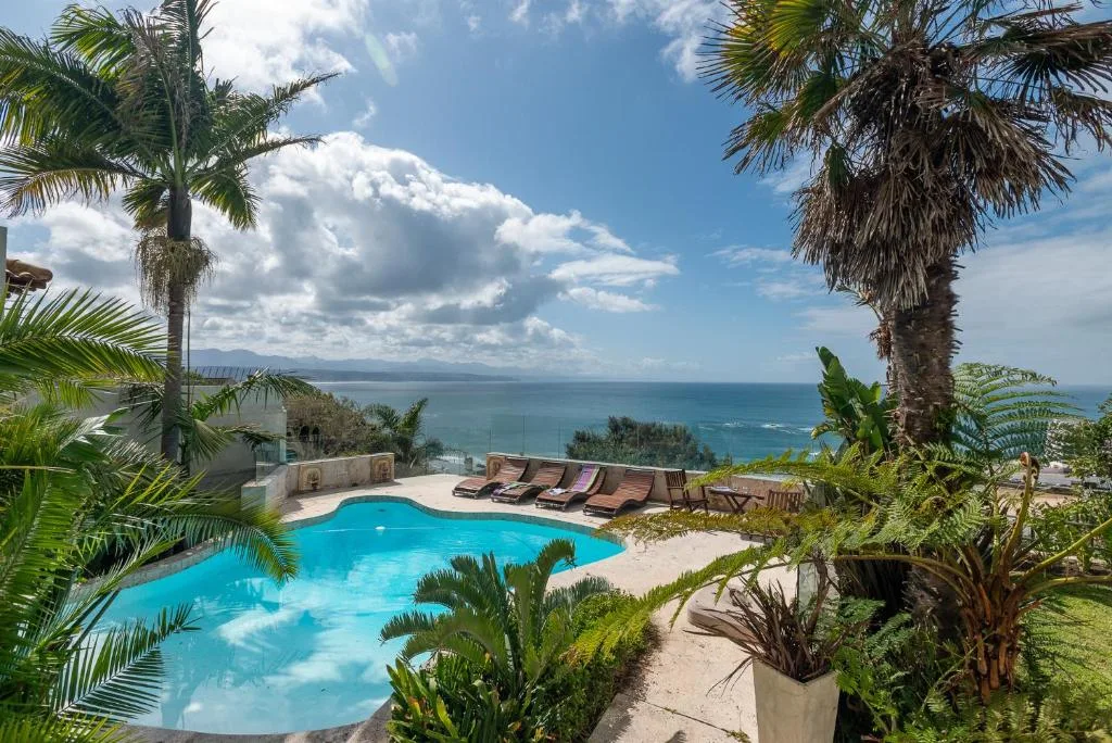 Curved swimming pool with ocean and mountain views, tropical palms surrounding