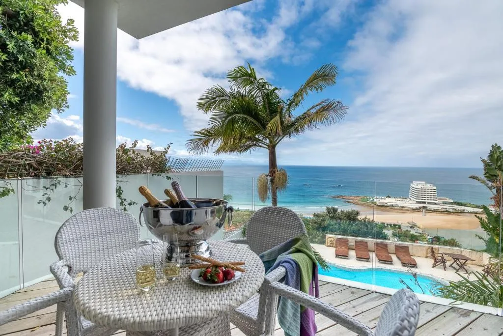 Ocean and beach view from elevated deck with palm trees and coastal landscape