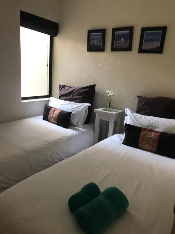 Twin beds with white linens and decorative pillows in bright bedroom