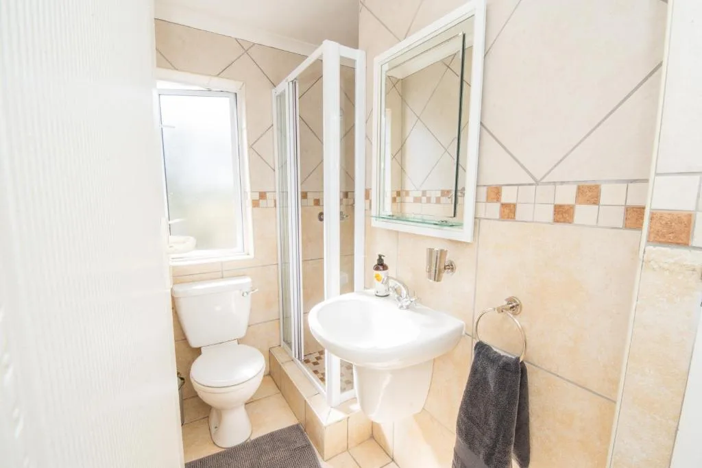 Modern bathroom with toilet, pedestal sink, shower enclosure, and mirror