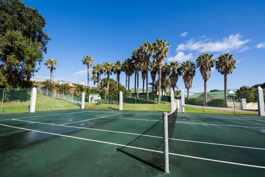 Tennis court with net on manicured grass and palm trees