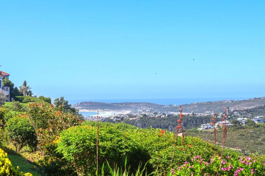 Panoramic coastal vista overlooking Plettenberg Bay with lush green gardens