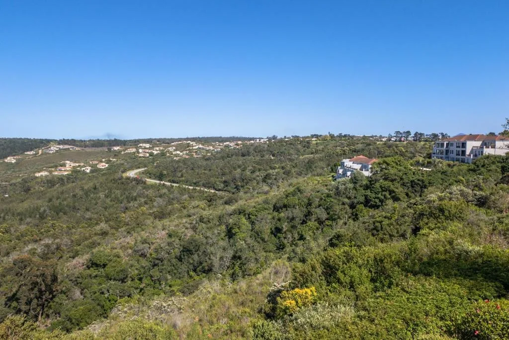 Scenic forested valley landscape with distant homes and blue sky