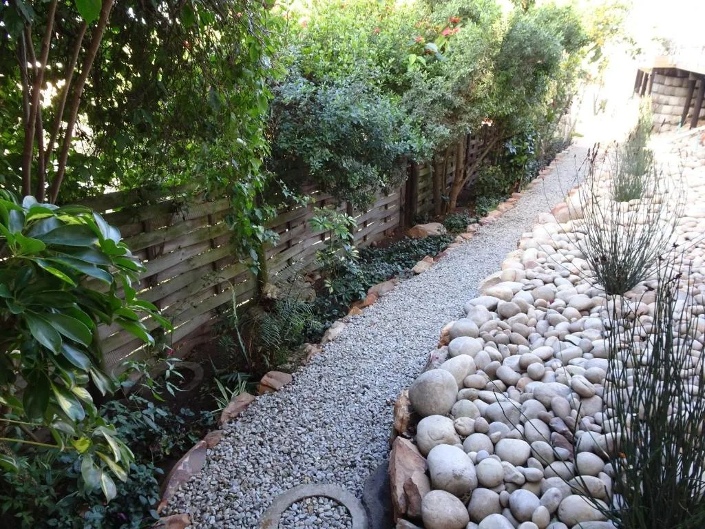 Gravel garden pathway lined with lush green vegetation and decorative stone borders