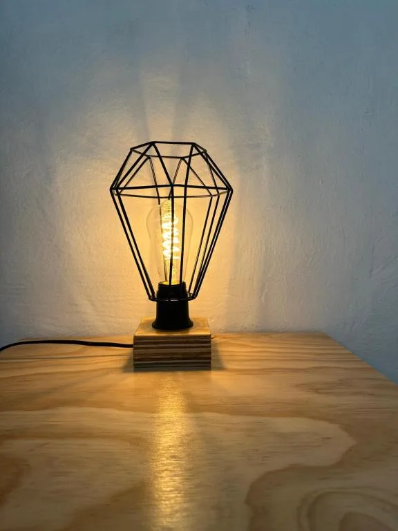 Modern geometric wire cage lamp with warm filament bulb on wooden base