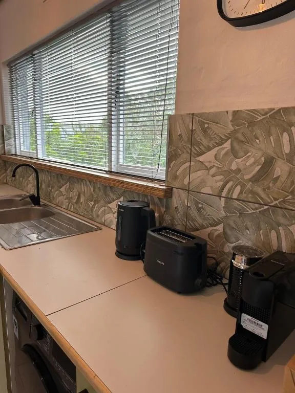 Kitchen counter with appliances and window with blinds overlooking garden