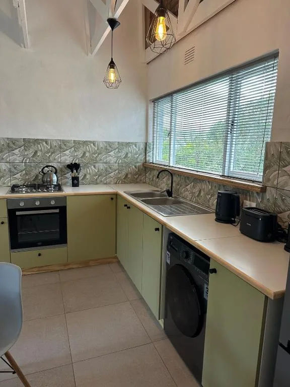 Modern kitchen with sage green cabinetry, stove, sink, and washing machine