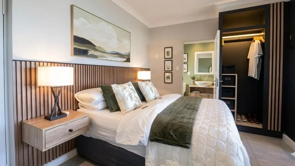 Modern bedroom with queen bed, ensuite bathroom, and contemporary decor