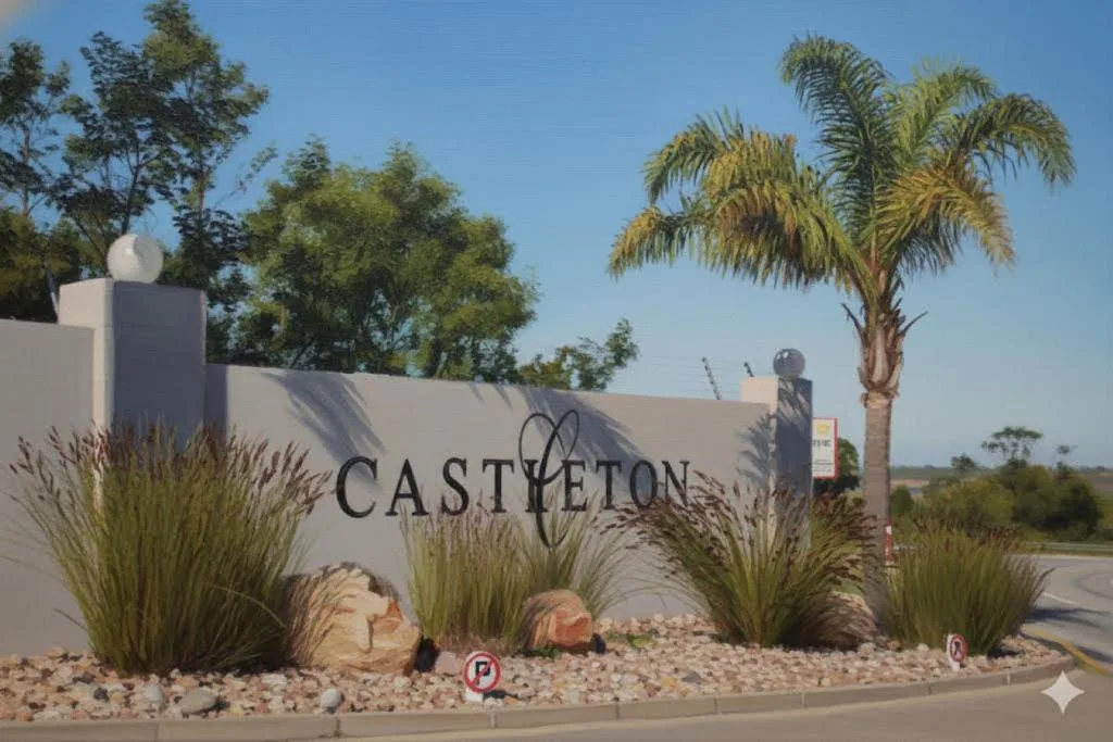 Castleton property entrance sign with palm trees and landscaping