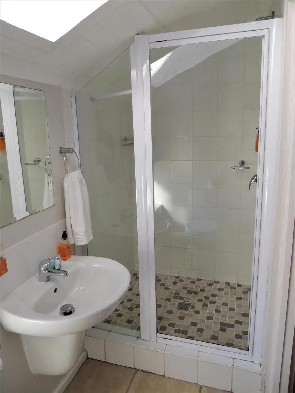 Modern bathroom with white sink, large glass shower enclosure, and tiled flooring