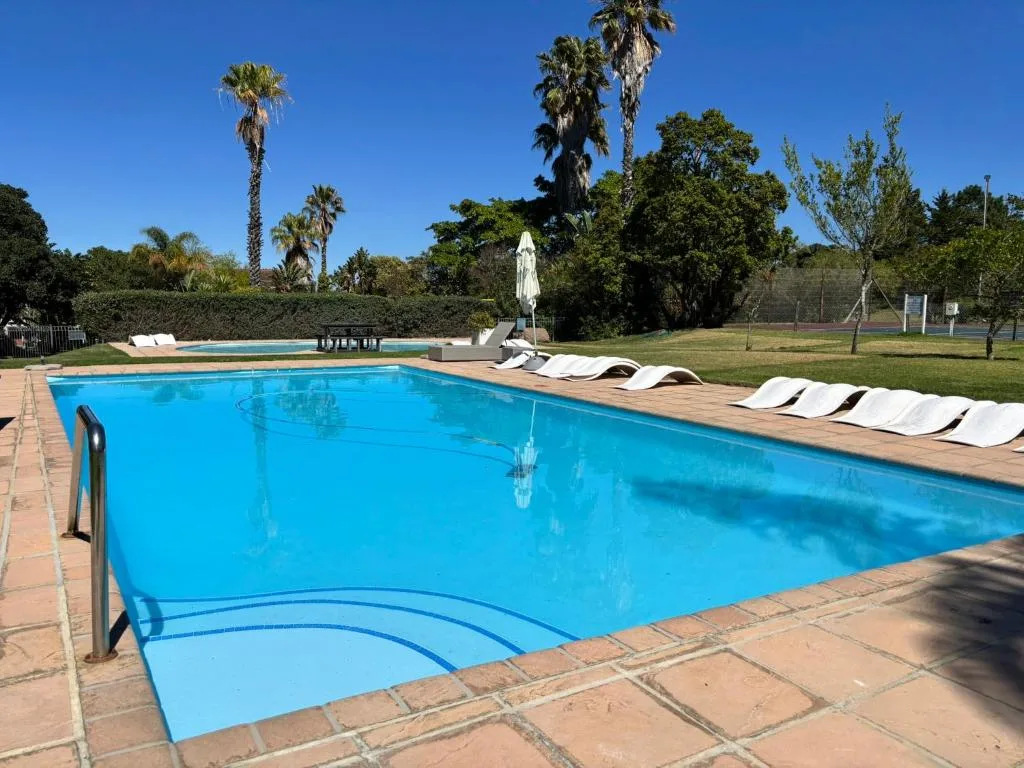 Large rectangular swimming pool with loungers and tropical garden surroundings