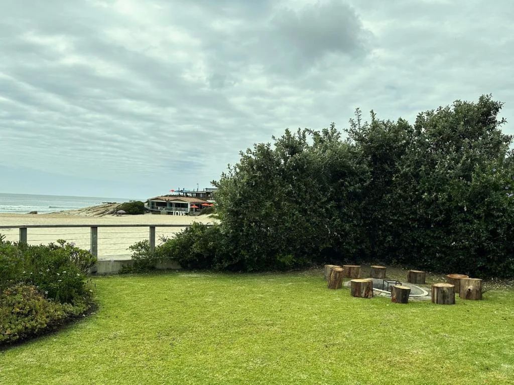 Beachfront garden with log seating circle and ocean views