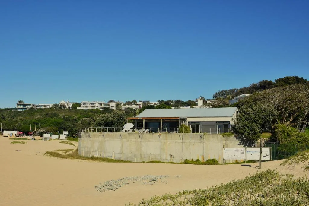 Modern beachfront home with metal roof and concrete retaining wall facing sandy beach