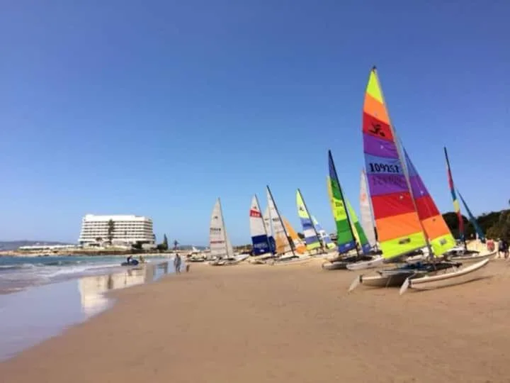 Colorful sailboats lined up on sandy beach with ocean and blue sky