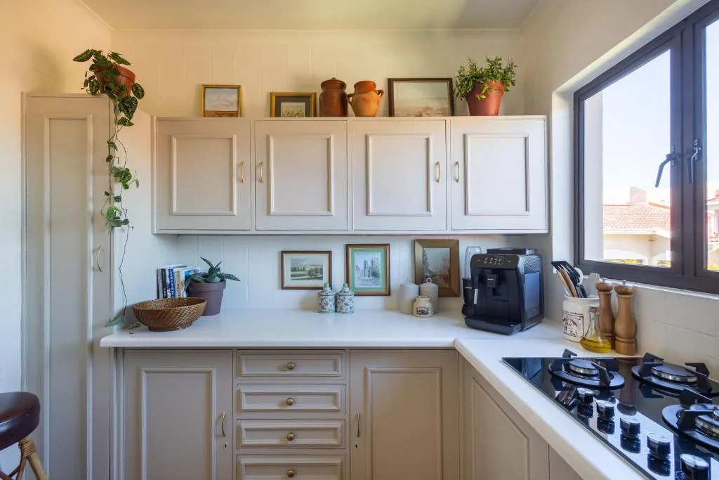 Bright white kitchen with gas cooktop, cabinetry, and potted plants