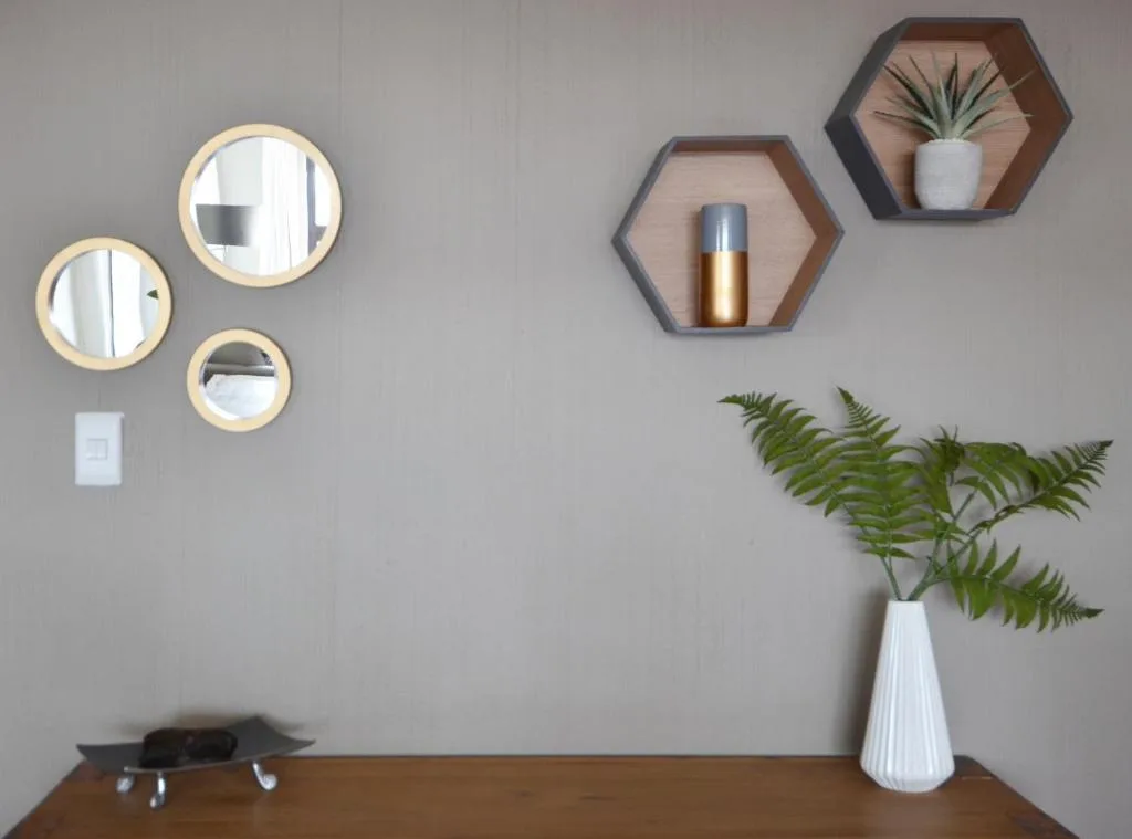 Modern wall decor with round mirrors, hexagonal shelves, and potted plants