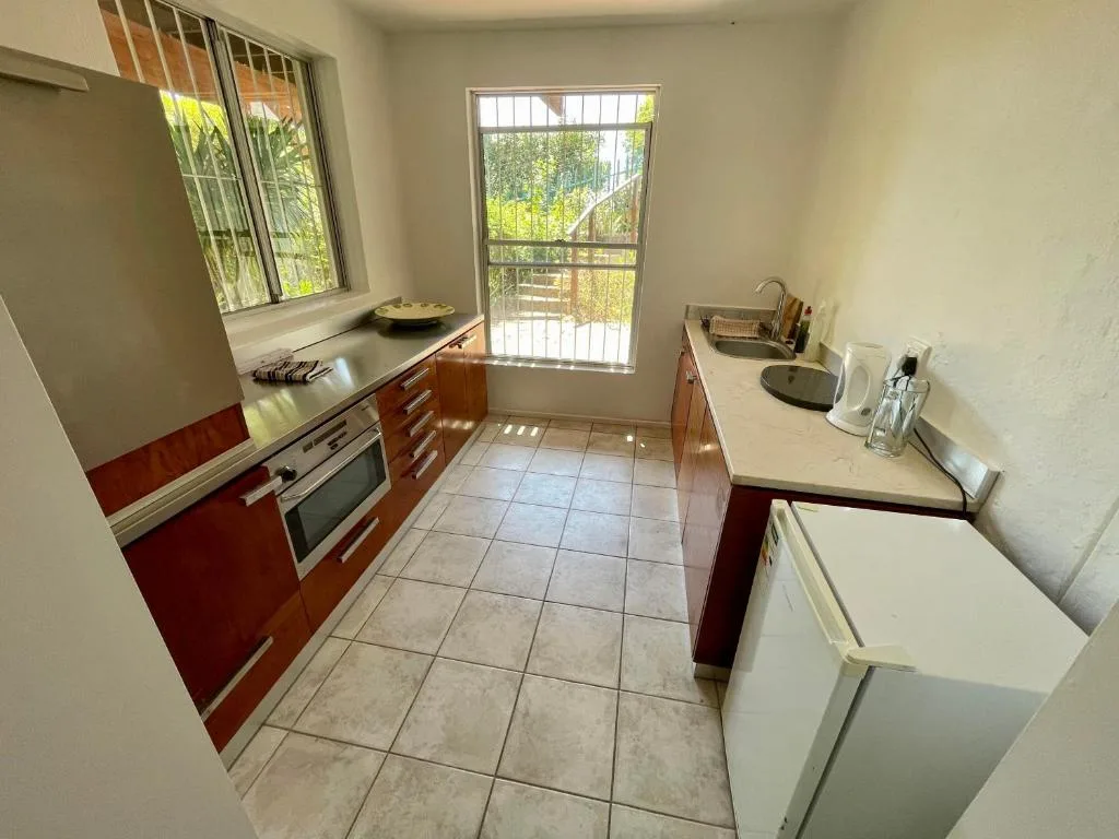 Modern kitchen with red cabinetry, stainless steel appliances, and bright windows