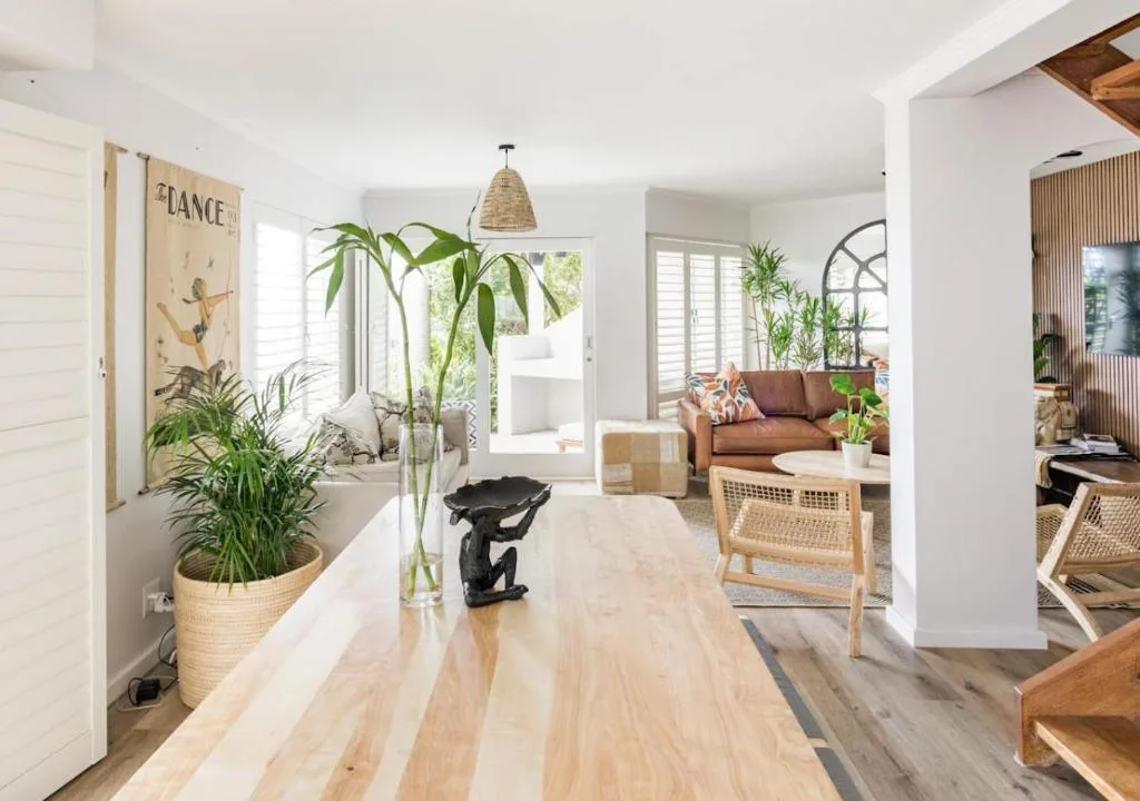 Bright open-plan living area with potted plants, brown sofa, and natural light