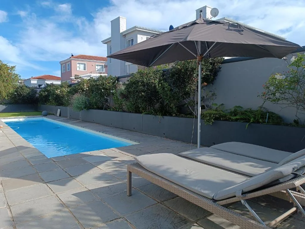 Swimming pool with loungers and large umbrella in sunny backyard
