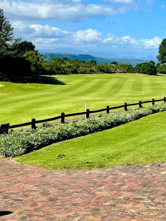Lush green lawn with mountain range visible in the distance under blue sky