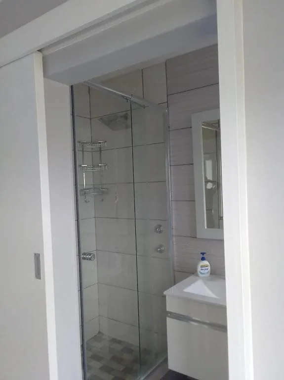 Modern bathroom with walk-in shower, glass enclosure, and white vanity sink