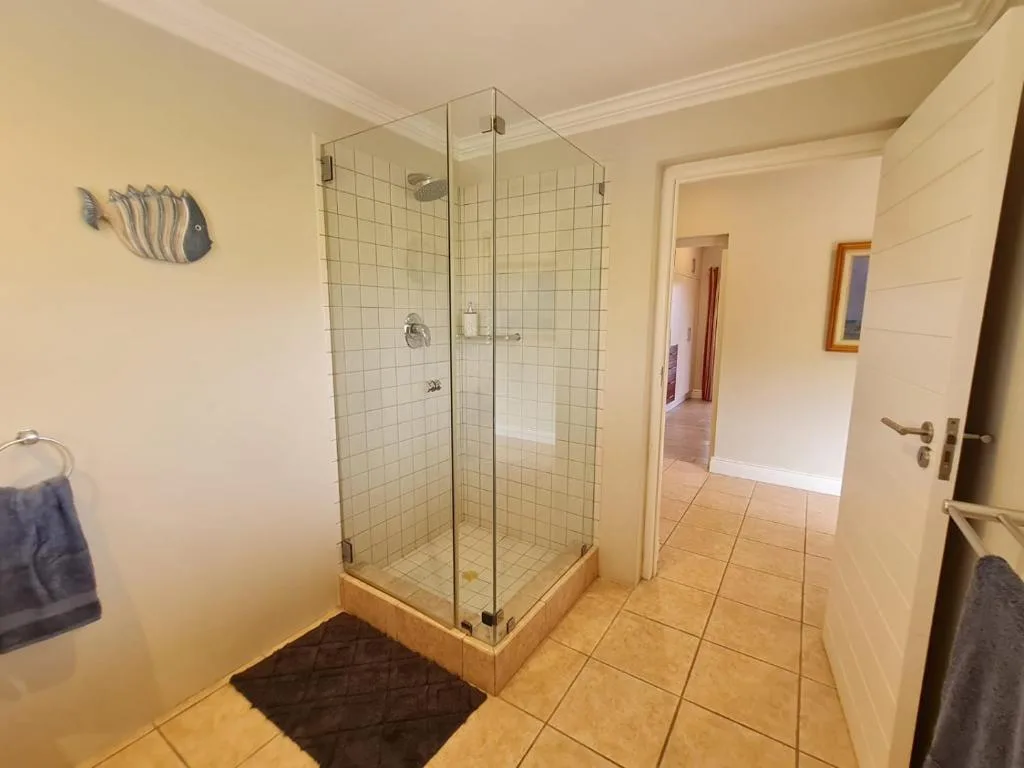 Spacious bathroom with frameless glass shower enclosure and terracotta tile flooring