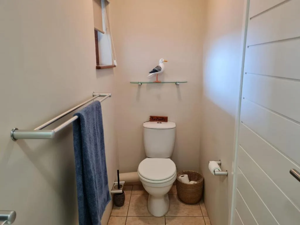 Compact bathroom with toilet, towel rail, and coastal seagull decor