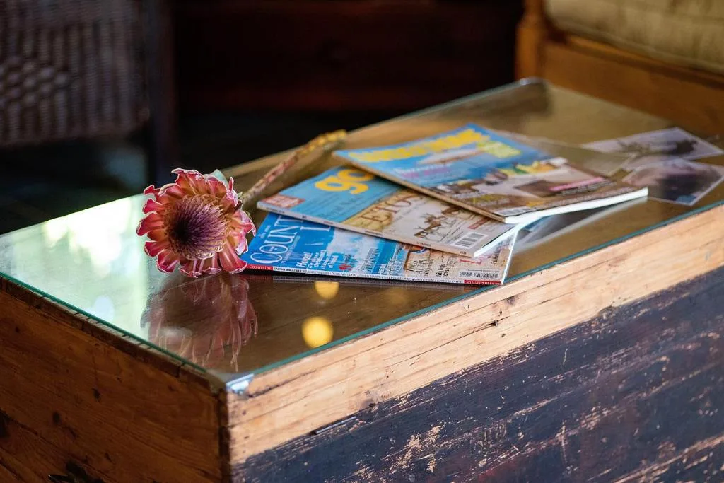 Coffee table with fresh flower, magazines, and local tourism guides displayed