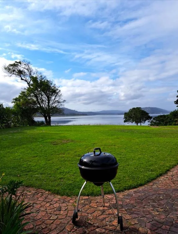 Braai grill on brick patio overlooking green lawn and lake