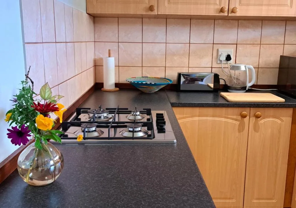 Modern kitchen with gas cooktop, dark countertops, wooden cabinetry, and fresh flowers