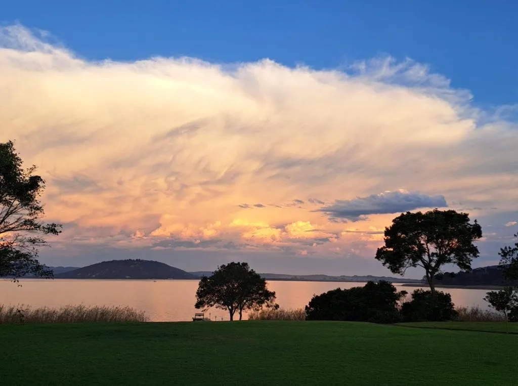 Sunset over Swartvlei Lake with golden clouds and silhouetted trees