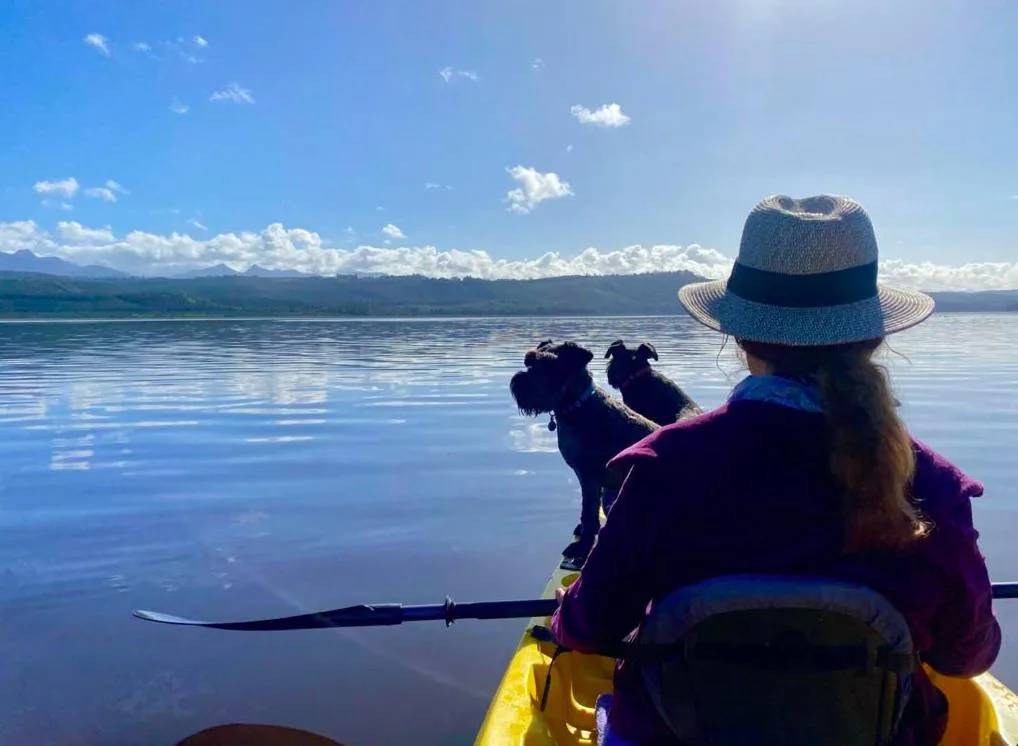 Woman with dogs enjoying scenic lake view with mountains and blue sky