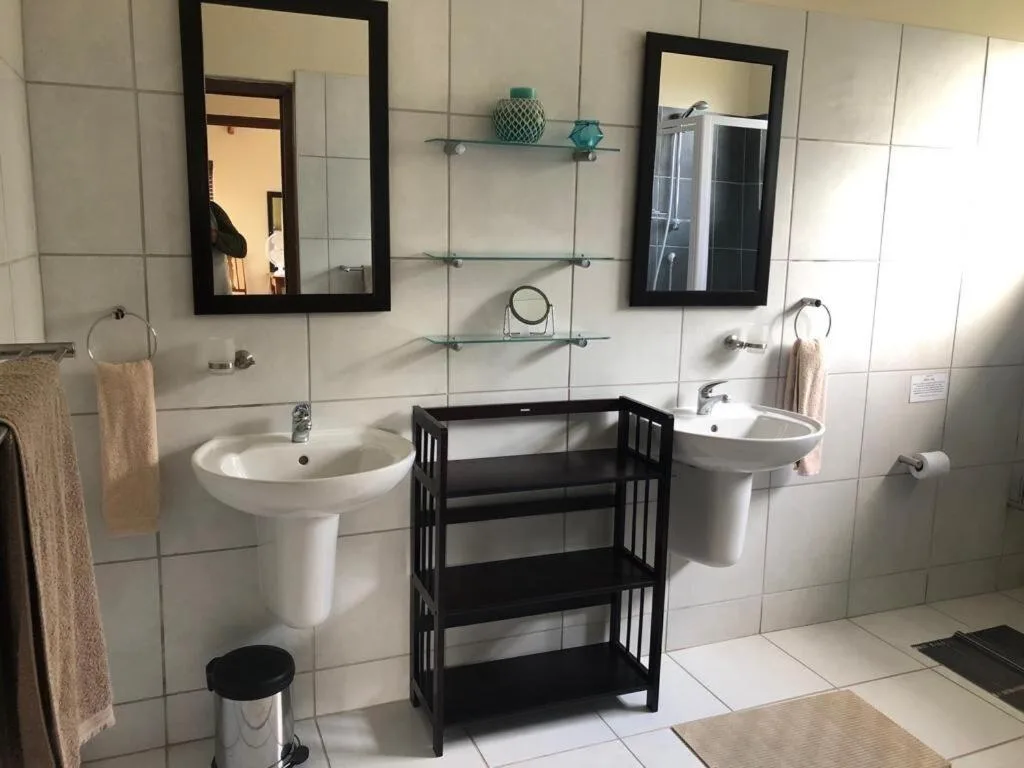 Modern bathroom with dual pedestal sinks, wall mirrors, and storage shelving