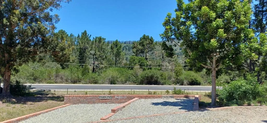 Gravel driveway and parking area with forested mountains in background