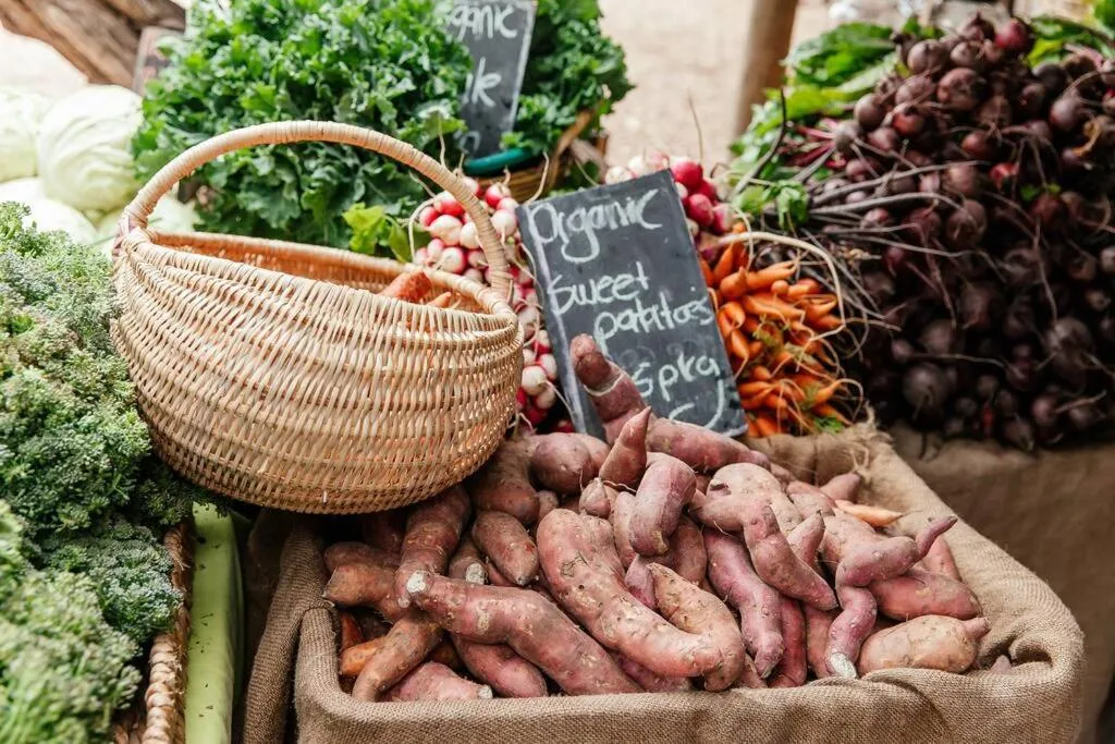 Organic sweet potatoes and fresh vegetables at local market display