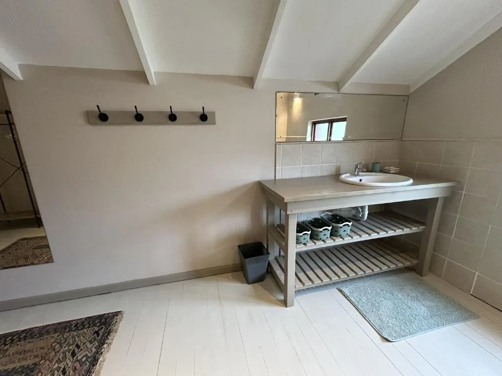 Spacious bathroom with vanity sink, mirror, and open shelving storage