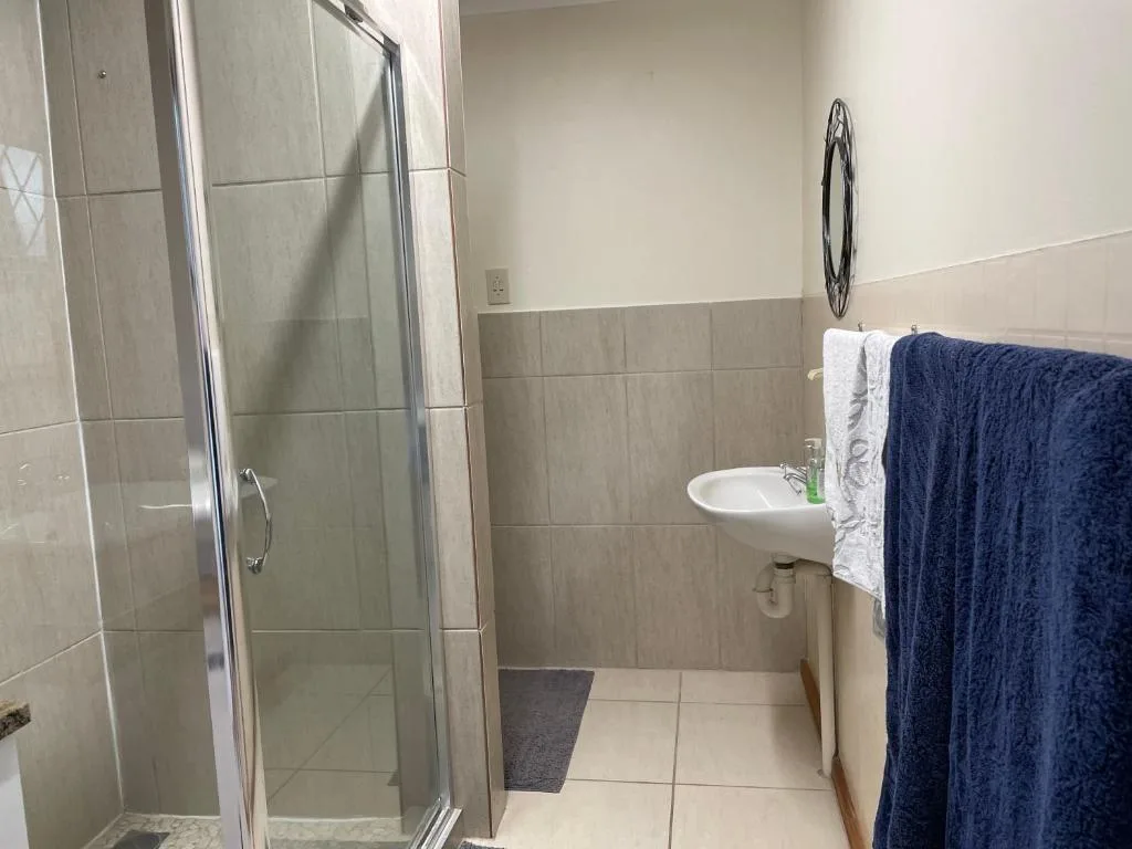 Modern bathroom with glass shower enclosure, white sink, and towel rack