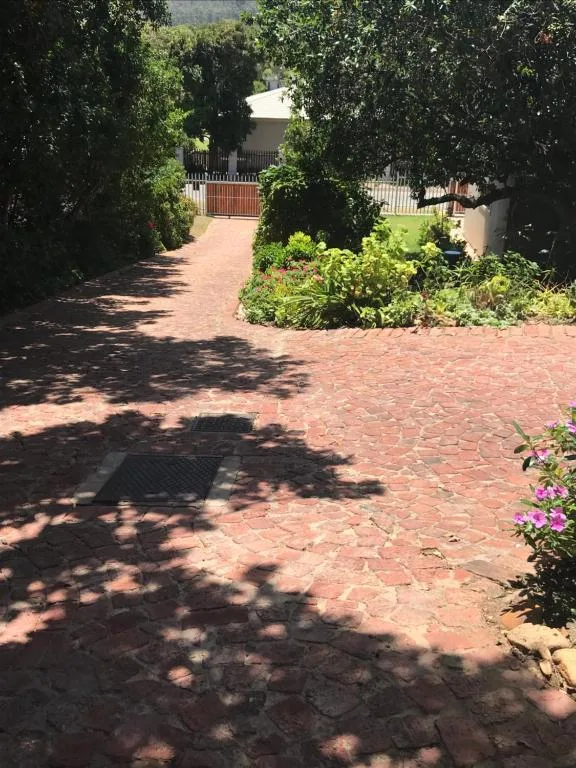 Brick driveway leading to property entrance with lush green landscaping